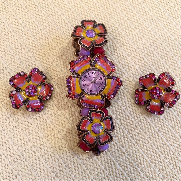 Accessories - New Floral Enamel Watch & Clip-on Floral Earrings